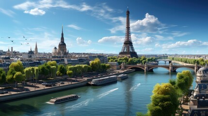 Fototapeta premium Stunning Panoramic View of Paris Featuring the Eiffel Tower and Seine River on a Clear Sunny Day