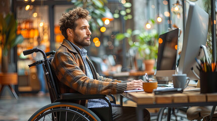 Focused Man in Wheelchair Working Office Environment, Inclusion at Work - Powered by Adobe