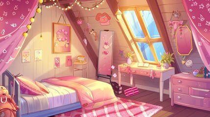 The interior of an attic girl bedroom has a cartoon background and a desk. Teenage student room with bed and mirror. A girly modern student workspace is in the mansard. A cockloft apartment with a