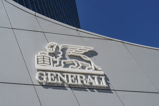 Logo of the Italian insurance company Assicurazioni Generali at the entrance of the Generali Tower skyscraper. Headquarters of the Generali Group offices in Milan, Italy - April 4, 2024