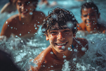 A young boy smiling in the water, friends splashing in the pool, summer fun