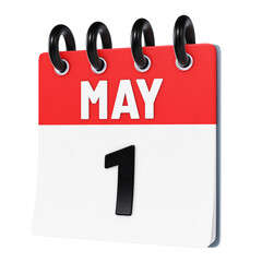 May 1 date displayed on stylized three-dimensional flip calendar icon isolated on transparent background. 3D rendering