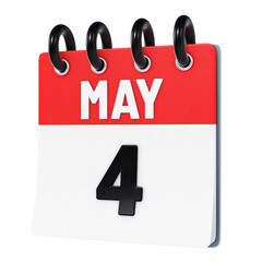 May 4 date displayed on stylized three-dimensional flip calendar icon isolated on transparent background. 3D rendering