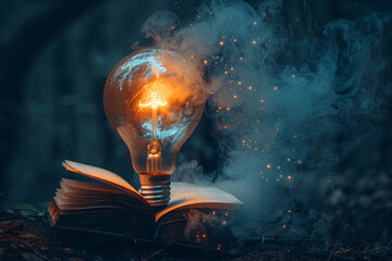 Intelligence, education, and innovation concept, a glowing lightbulb standing on a book