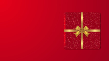 Red Gift Box, Golden bow with copy space isolated on gradient background.