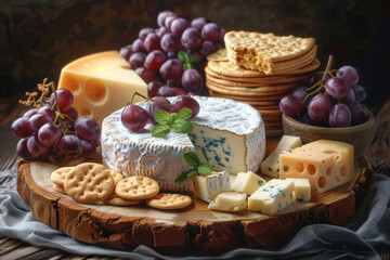 Obraz na płótnie Canvas Cheese board for Jewish holiday Shavuot, for Harvest. Variety of cheeses, grapes, biscuits on wooden background.