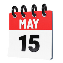 May 15 date displayed on stylized three-dimensional flip calendar icon isolated on transparent background. 3D rendering
