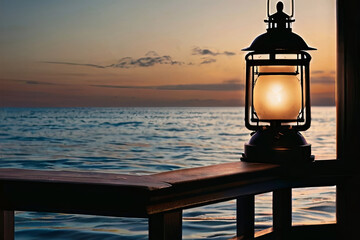 Admire the elegance of a lantern against a serene seascape backdrop. Perfect for tranquil and scenic imagery.