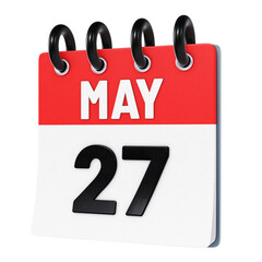 May 27 date displayed on stylized three-dimensional flip calendar icon isolated on transparent background. 3D rendering