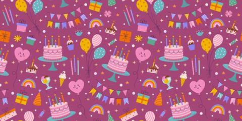 Birthday vector seamless pattern. Different party objects, colorful holiday items, gift, cake, balloon and garlands