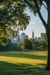 Obraz premium A metropolitan park with a city skyline in the background 