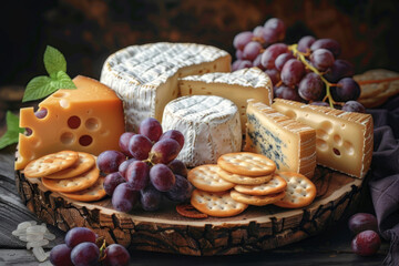Cheese board for Jewish holiday Shavuot, for Harvest. Variety of cheeses, grapes, biscuits on wooden background.