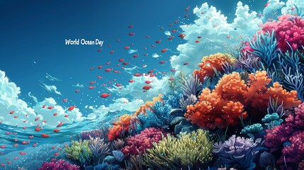 Vibrant Underwater Scene Celebrating World Ocean Day with Colorful Coral and Fish