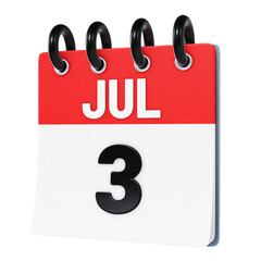 July 3 date displayed on stylized three-dimensional flip calendar icon isolated on transparent background. 3D rendering