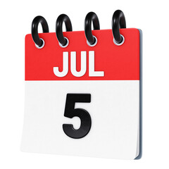 July 5 date displayed on stylized three-dimensional flip calendar icon isolated on transparent background. 3D rendering