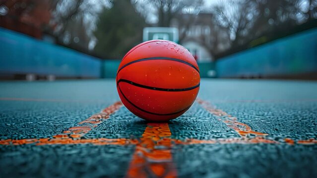 This basketball ball positioned on top of a basketball court surface.