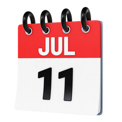 July 11 date displayed on stylized three-dimensional flip calendar icon isolated on transparent background. 3D rendering