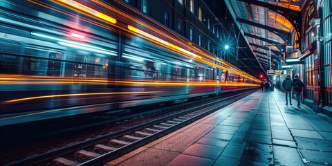 A fast train passing through a station forming light trails from long exposure photography. Night time photography