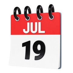 July 19 date displayed on stylized three-dimensional flip calendar icon isolated on transparent background. 3D rendering