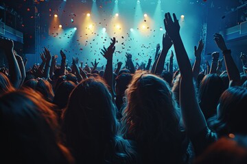 Energetic rock concert crowd cheers under stage lights and falling confetti at late evening festival