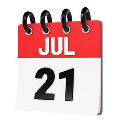 July 21 date displayed on stylized three-dimensional flip calendar icon isolated on transparent background. 3D rendering