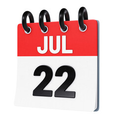 July 22 date displayed on stylized three-dimensional flip calendar icon isolated on transparent background. 3D rendering