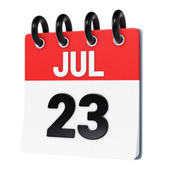 July 23 date displayed on stylized three-dimensional flip calendar icon isolated on transparent background. 3D rendering