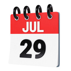 July 29 date displayed on stylized three-dimensional flip calendar icon isolated on transparent background. 3D rendering
