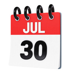 July 30 date displayed on stylized three-dimensional flip calendar icon isolated on transparent background. 3D rendering