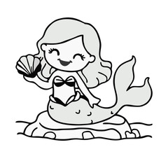 A sweet illustration of a charming mermaid in a coloring book