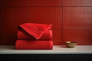 Red towel on red tile background. Bathroom. Hotel. Apartments. Background. Spa.