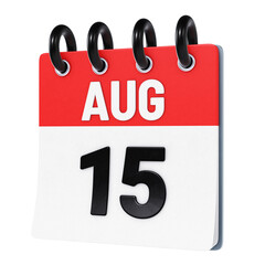August 15 date displayed on stylized three-dimensional flip calendar icon isolated on transparent background. 3D rendering
