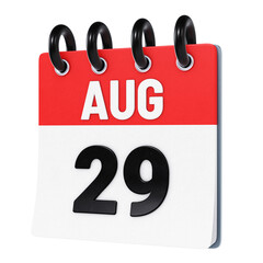 August 29 date displayed on stylized three-dimensional flip calendar icon isolated on transparent background. 3D rendering