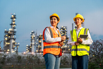 Two Asian female engineer with white safety helmet standing front of oil refinery. Industry zone gas petrochemical. Factory oil storage tank and pipeline. Workers work in the refinery construction