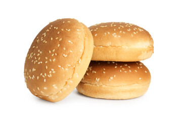 Three fresh burger buns isolated on white