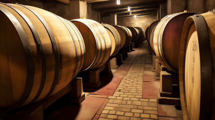 Winery basement with wooden barrels and racks of old wine bottles. AI generated.