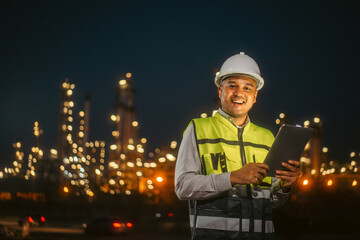 Asian engineer man with safety helmet standing front of oil refinery. Industry zone gas...