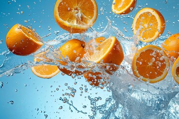 food photography, many oranges flying, water, freshness, summer feel, blue background - Powered by Adobe