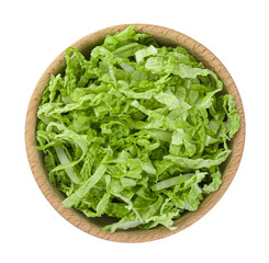 Shredded fresh Chinese cabbage in bowl isolated on white, top view