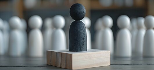 Black Wooden Doll Commanding Attention on Podium Amongst White Figurines Symbolizing Unique Leadership Qualities