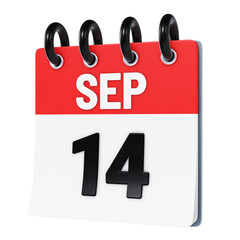 September 14 date displayed on stylized three-dimensional flip calendar icon isolated on transparent background. 3D rendering