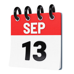 September 13 date displayed on stylized three-dimensional flip calendar icon isolated on transparent background. 3D rendering