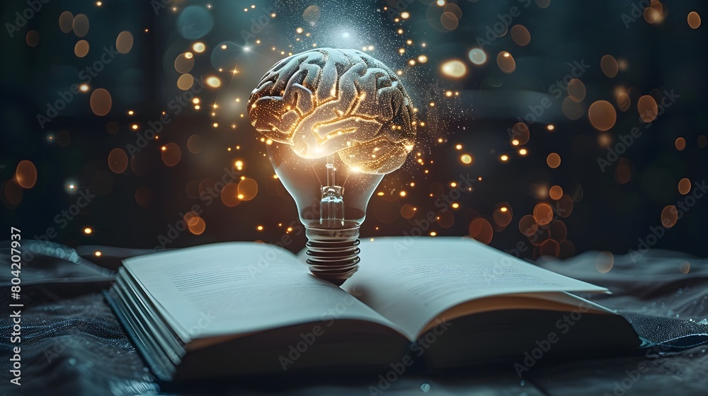 Poster glowing brain shaped light bulb floating above open notebook symbolizing spark of new ideas and inno
