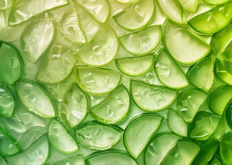 Fresh aloe vera slices soaked in aloe vera gel texture, suitable as a cosmetic background