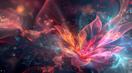 Vibrant abstract digital artwork featuring swirling light patterns with a mystical feel.