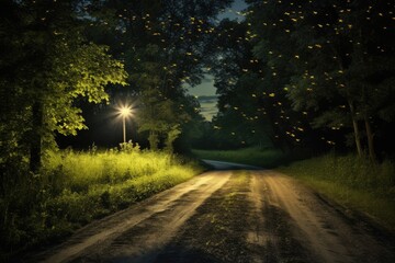 Obraz premium Rural road surrounded by fireflies in a summer night.