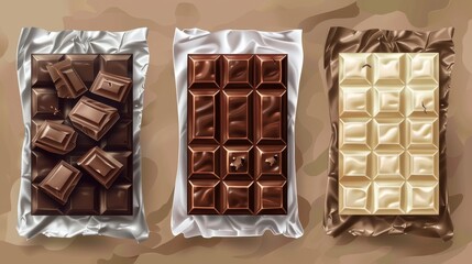 Chocolate bars in open wrappers. Modern illustration. Delicious cocoa and sugar snack. Endorphin source.