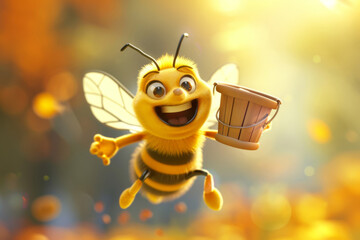 Joyful cartoon bee with a friendly smile, flying against a sunset-blurred background, holding a small wooden honey bucket, showcasing delight and positivity in a whimsical setting