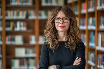 Business portrait of a confident middle-aged woman wearing glasses and standing in front of a big bookshelf