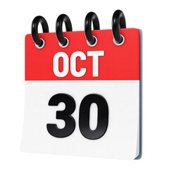 October 30 date displayed on stylized three-dimensional flip calendar icon isolated on transparent background. 3D rendering